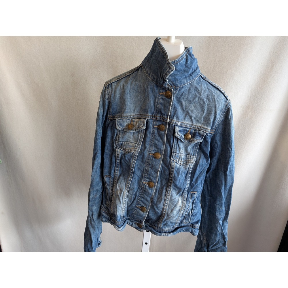 Cache Cache My Favorite Denim Jacket Medium Wash Distressed High Neck Size 2